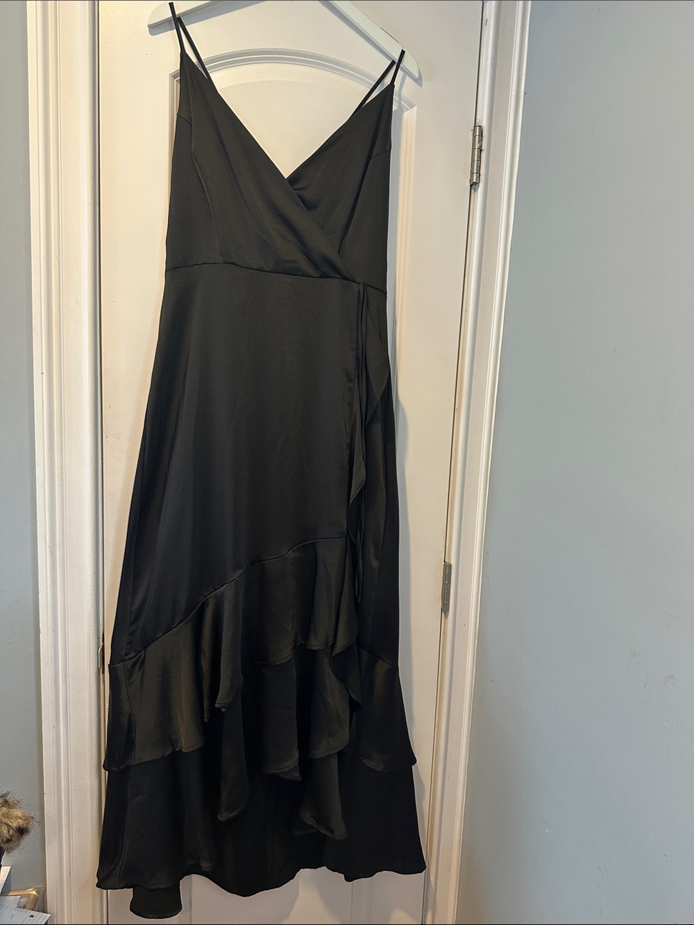 Calvin Klein Black Satin V-Neck Ruffle Maxi Dress